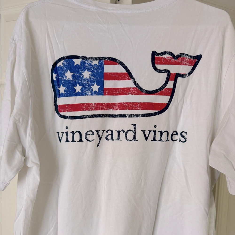 Vineyard vines white tee shirt with American flag whale on pocket and back